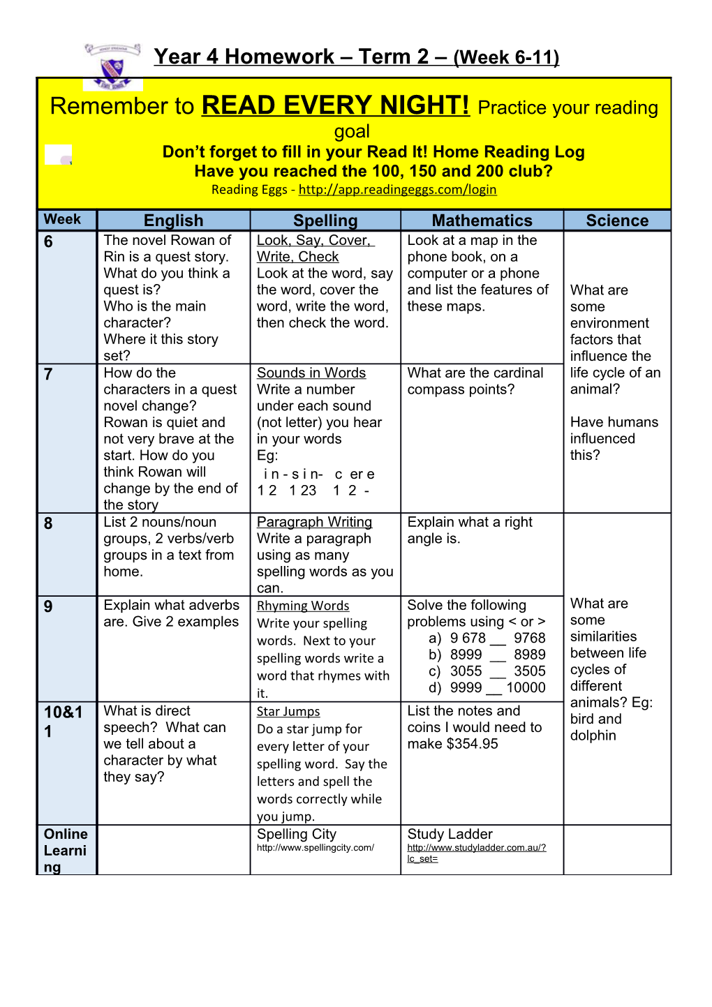 Year 4 Homework T2 Wk 6-11