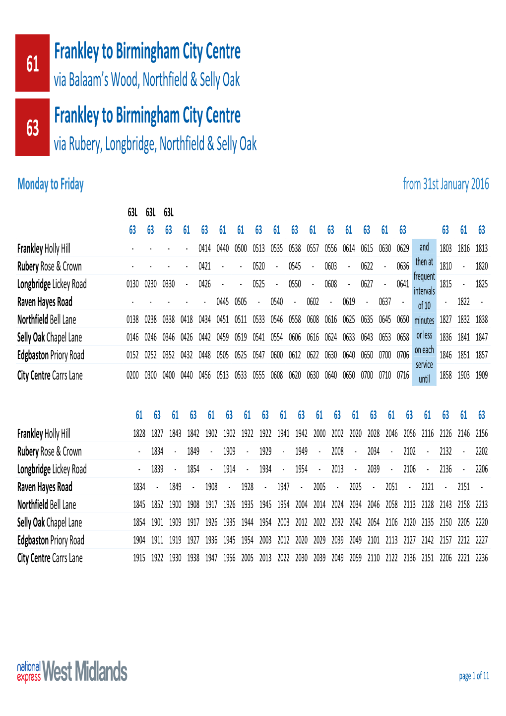61 Frankley to Birmingham City Centre 63 Frankley to Birmingham