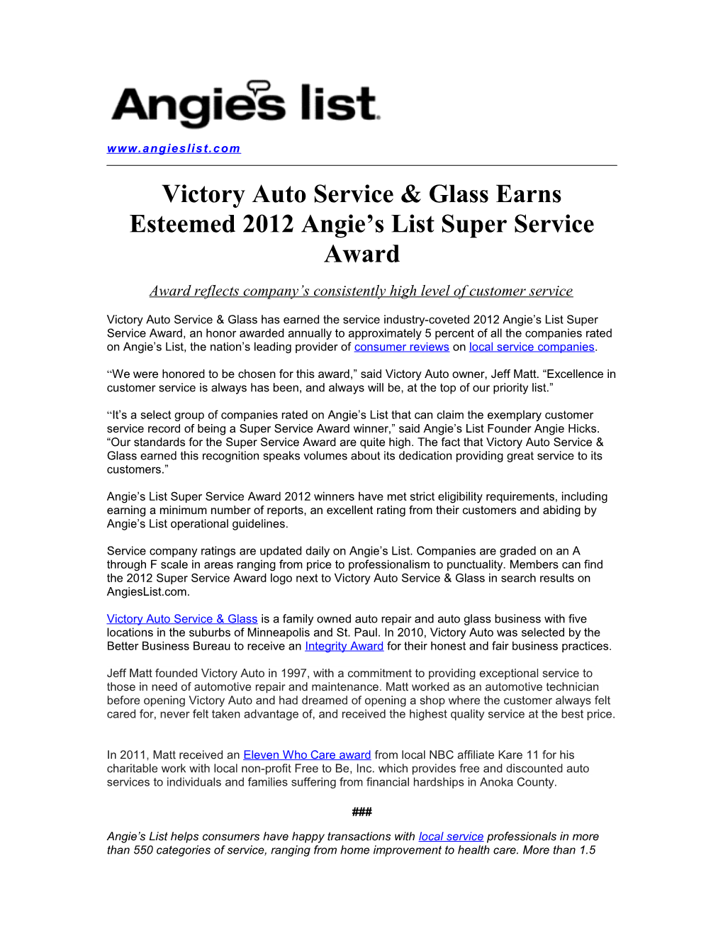 Victory Auto Service & Glass Earns Esteemed 2012 Angie S List Super Service Award