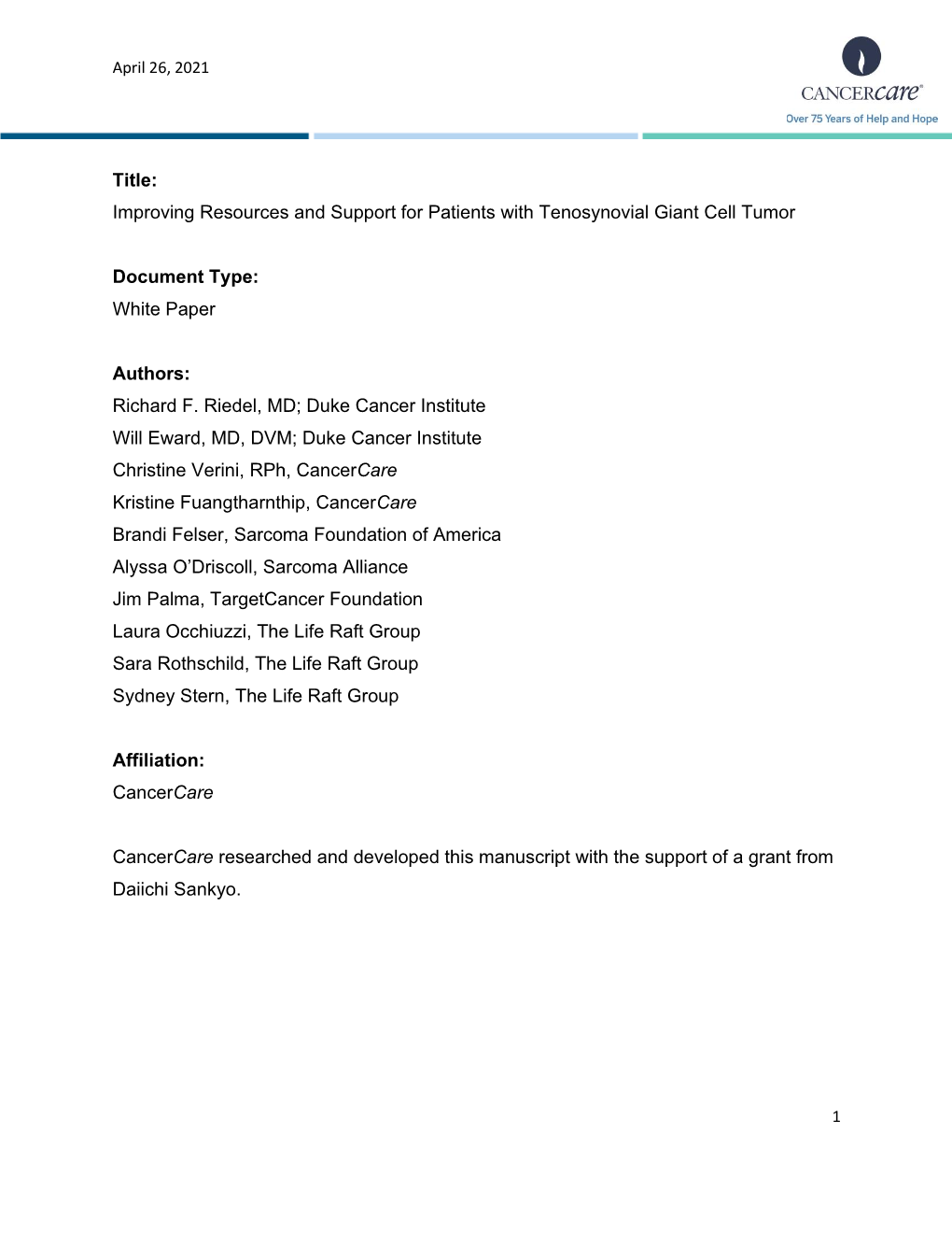 Improving Resources and Support for Patients with Tenosynovial Giant Cell Tumor Document Type