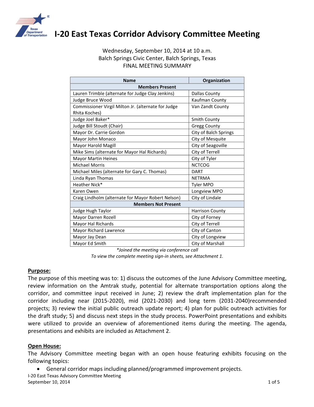 I‐20 East Texas Corridor Advisory Committee Meeting