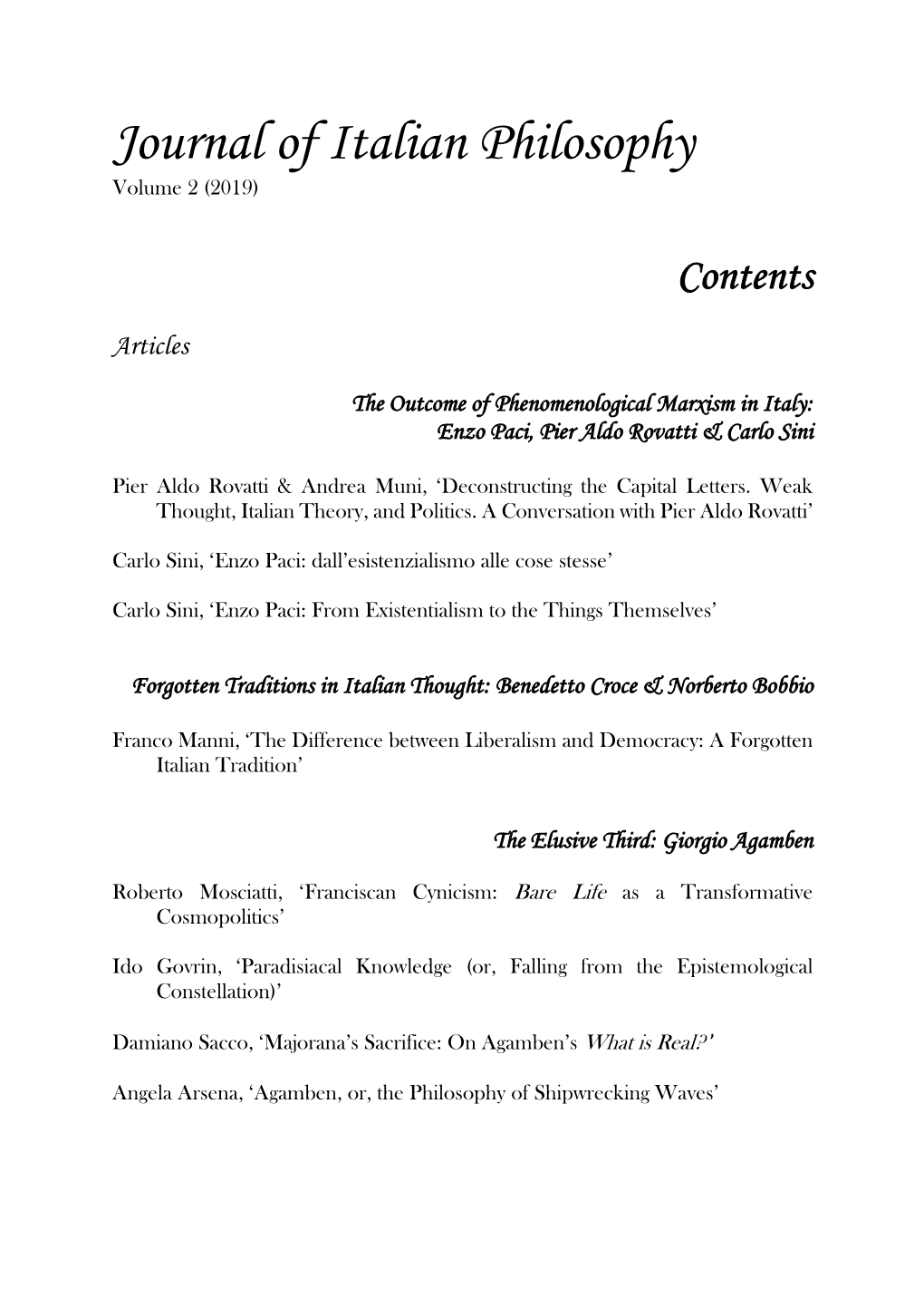 Journal of Italian Philosophy Volume 2 (2019)