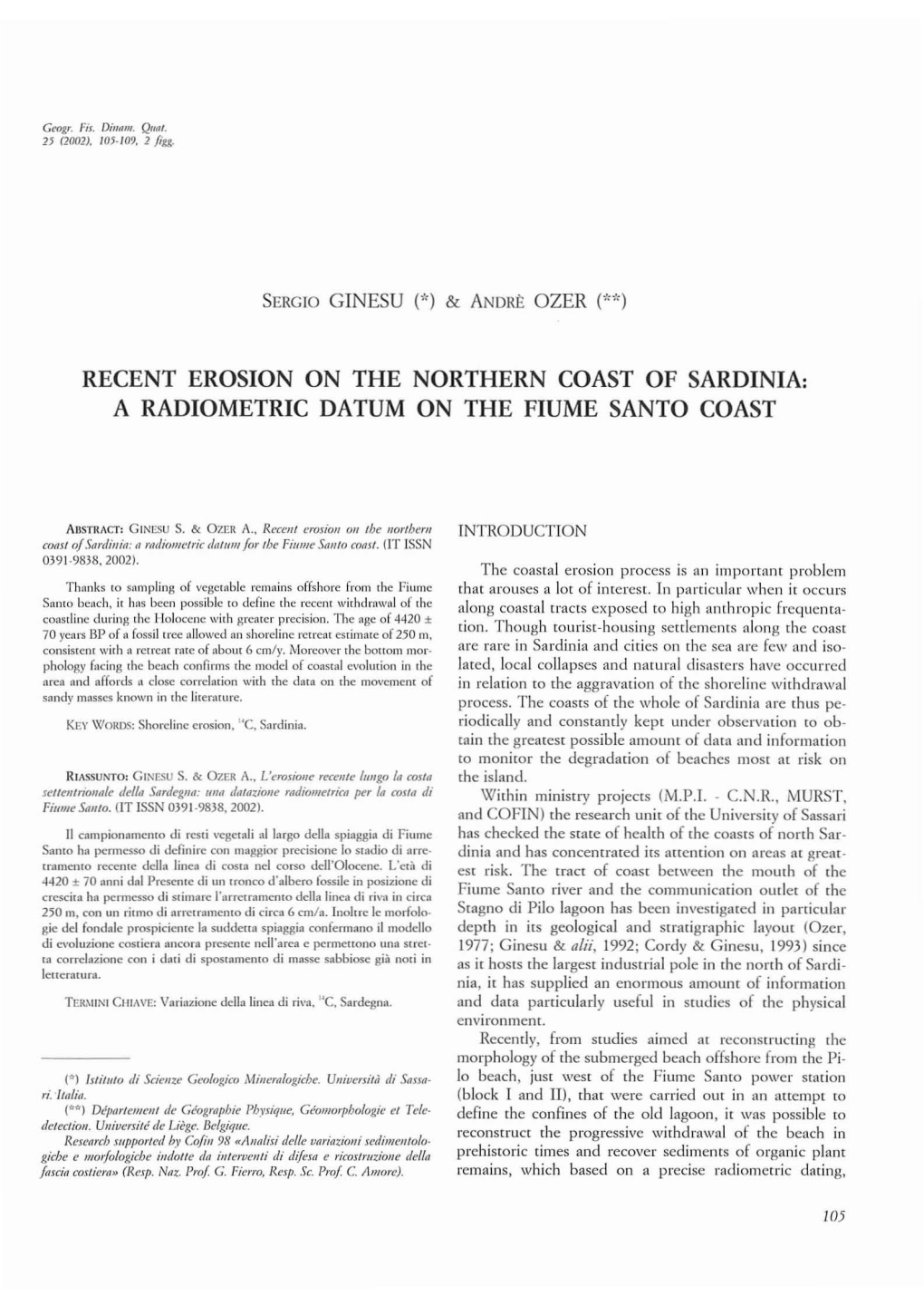 Recent Erosion on the Northern Coast of Sardinia: a Radiometric Datum on the Fiume Santo Coast