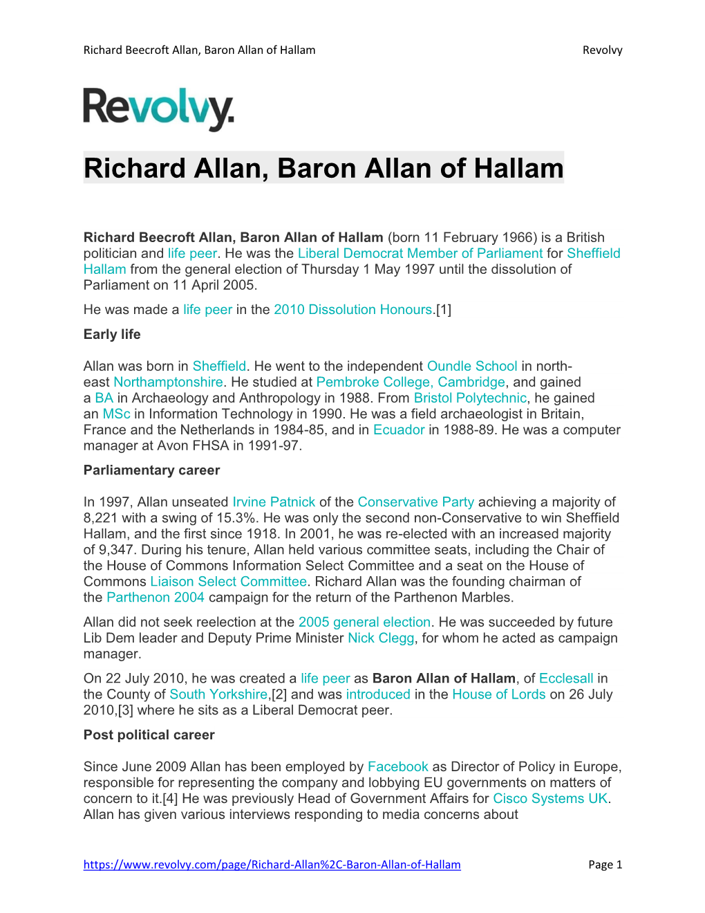 Richard Allan, Baron Allan of Hallam