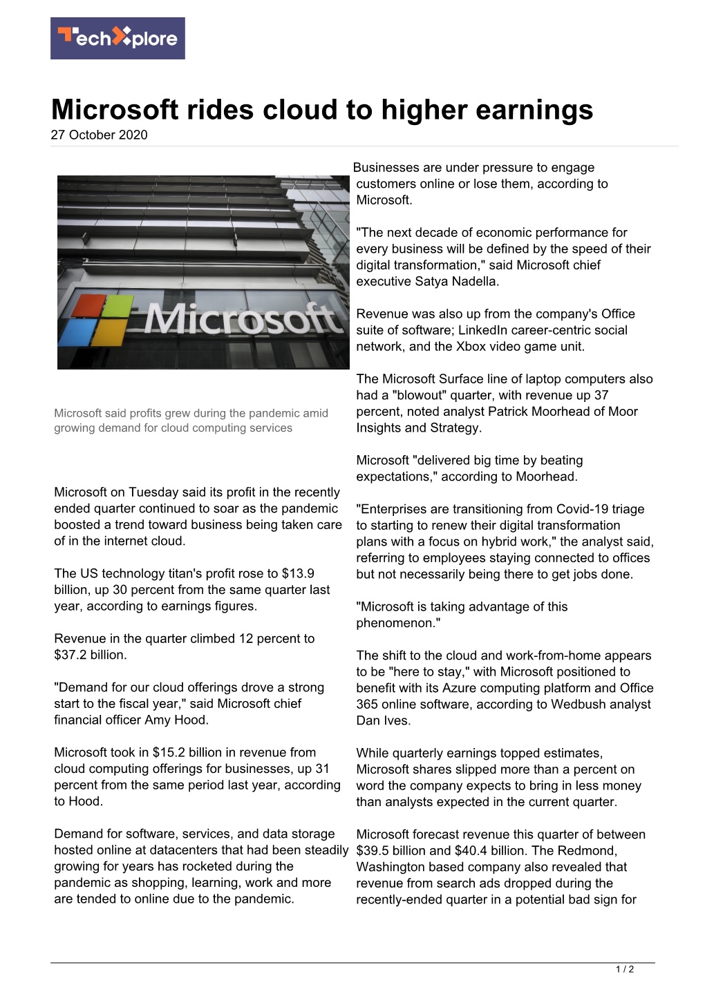Microsoft Rides Cloud to Higher Earnings 27 October 2020