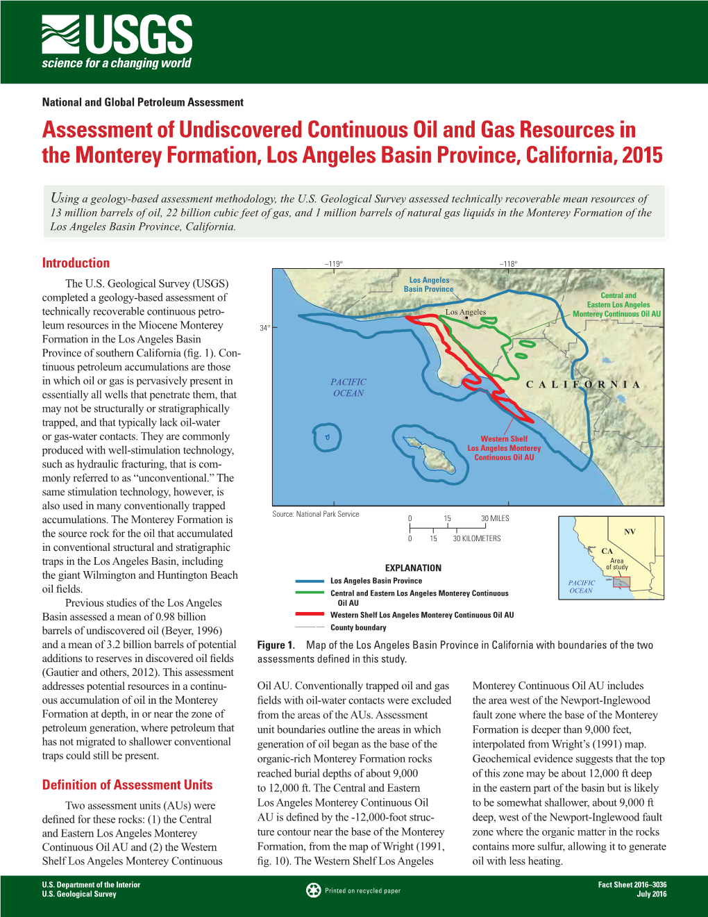 Assessment of Undiscovered Continuous Oil and Gas Resources in the Monterey Formation, Los Angeles Basin Province, California, 2015