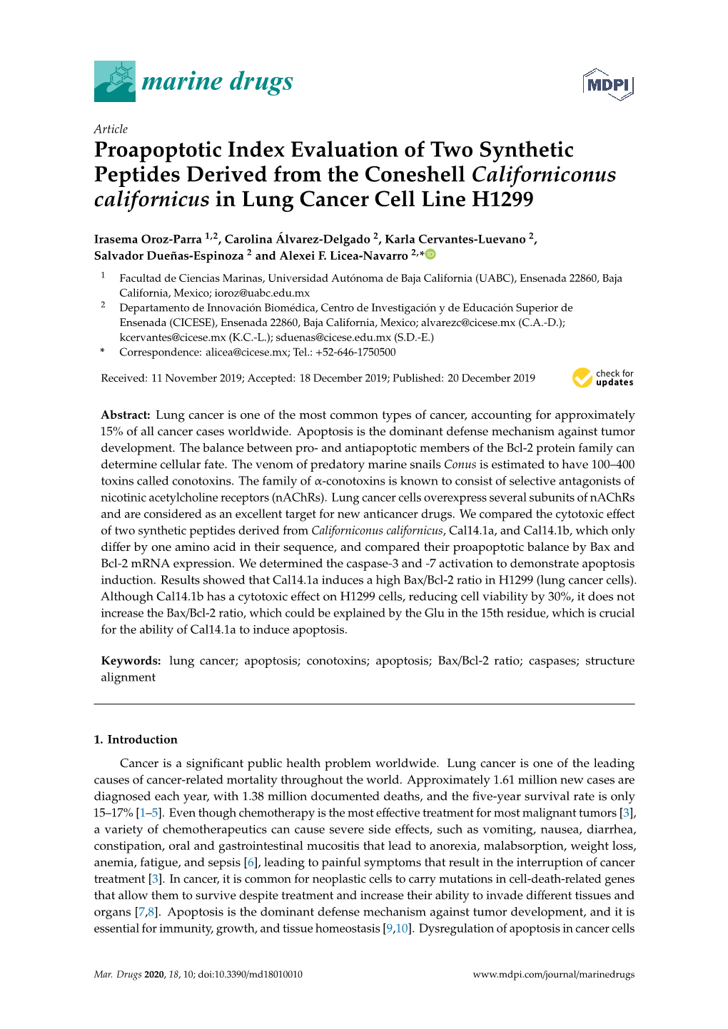 Proapoptotic Index Evaluation of Two Synthetic Peptides Derived from the Coneshell Californiconus Californicus in Lung Cancer Cell Line H1299
