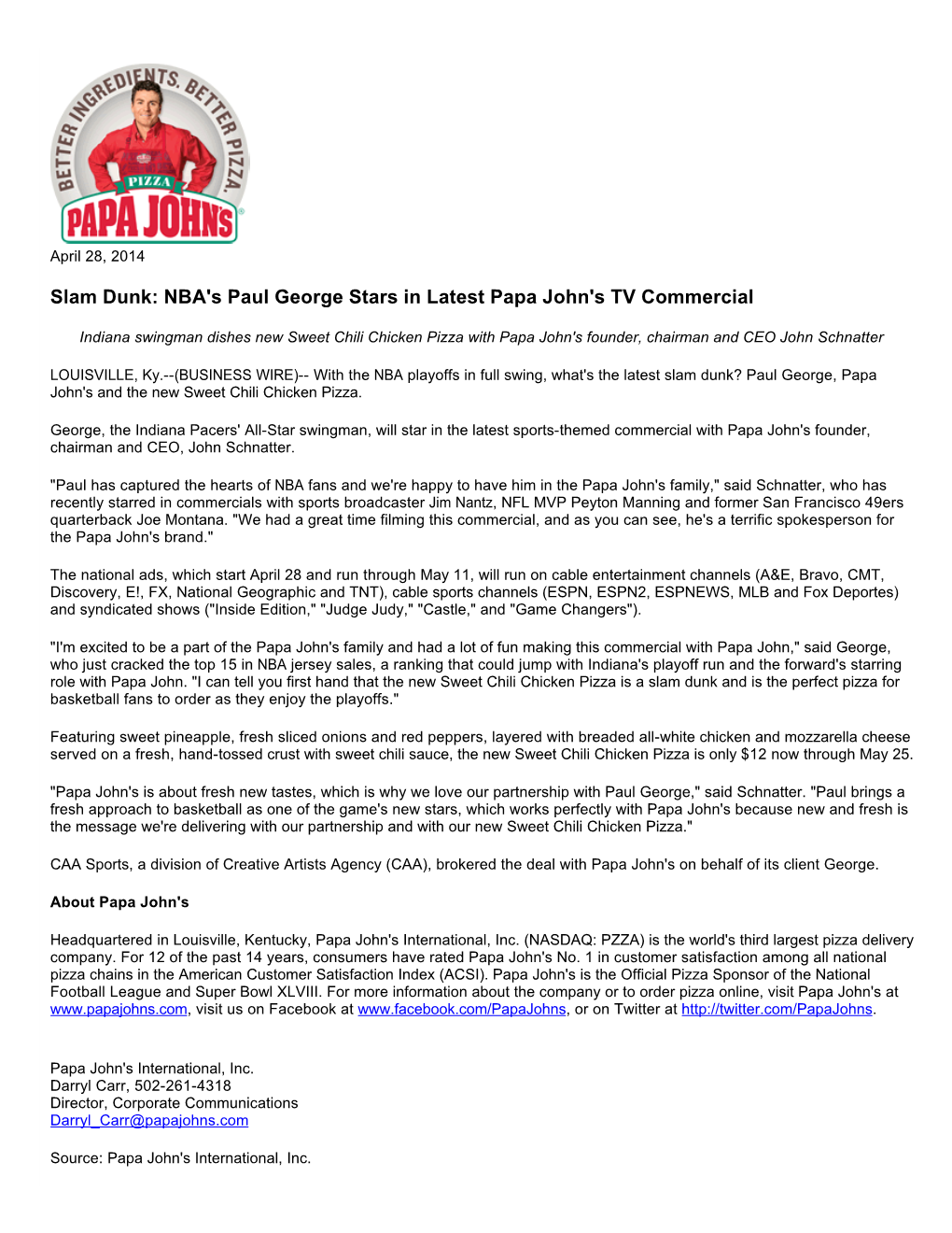 Slam Dunk: NBA's Paul George Stars in Latest Papa John's TV Commercial