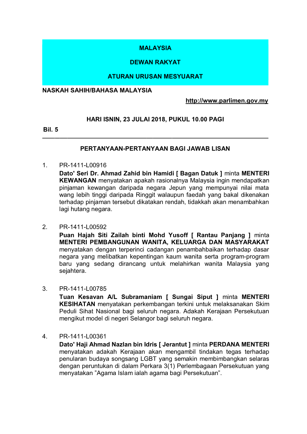 Malaysia Dewan Rakyat Aturan Urusan Mesyuarat