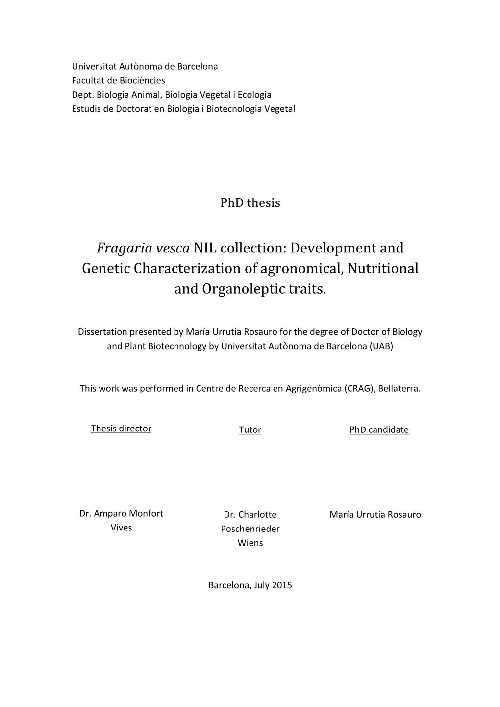 Fragaria Vesca NIL Collection: Development and Genetic Characterization of Agronomical, Nutritional and Organoleptic Traits