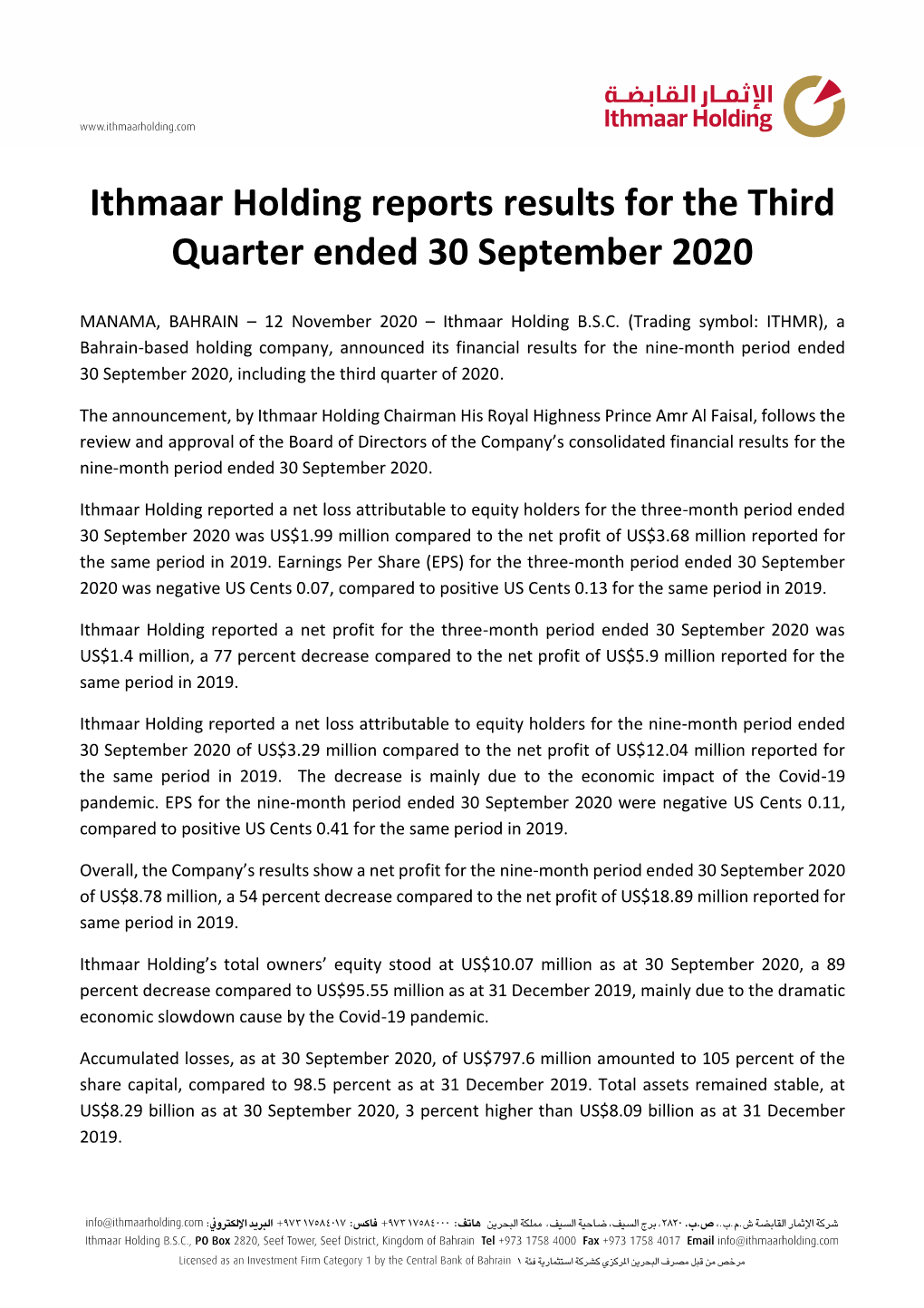 Ithmaar Holding Reports Results for the Third Quarter Ended 30 September 2020