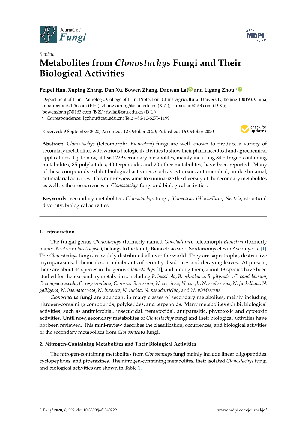 Metabolites from Clonostachys Fungi and Their Biological Activities