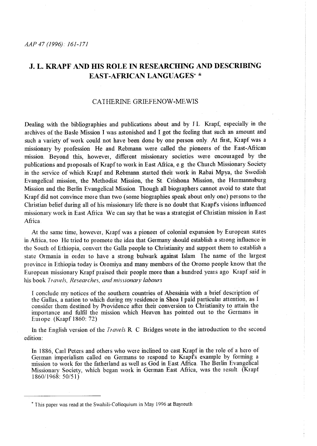 J. L. Krapf and Ids Role in Researching and Describing East -African Languages· *