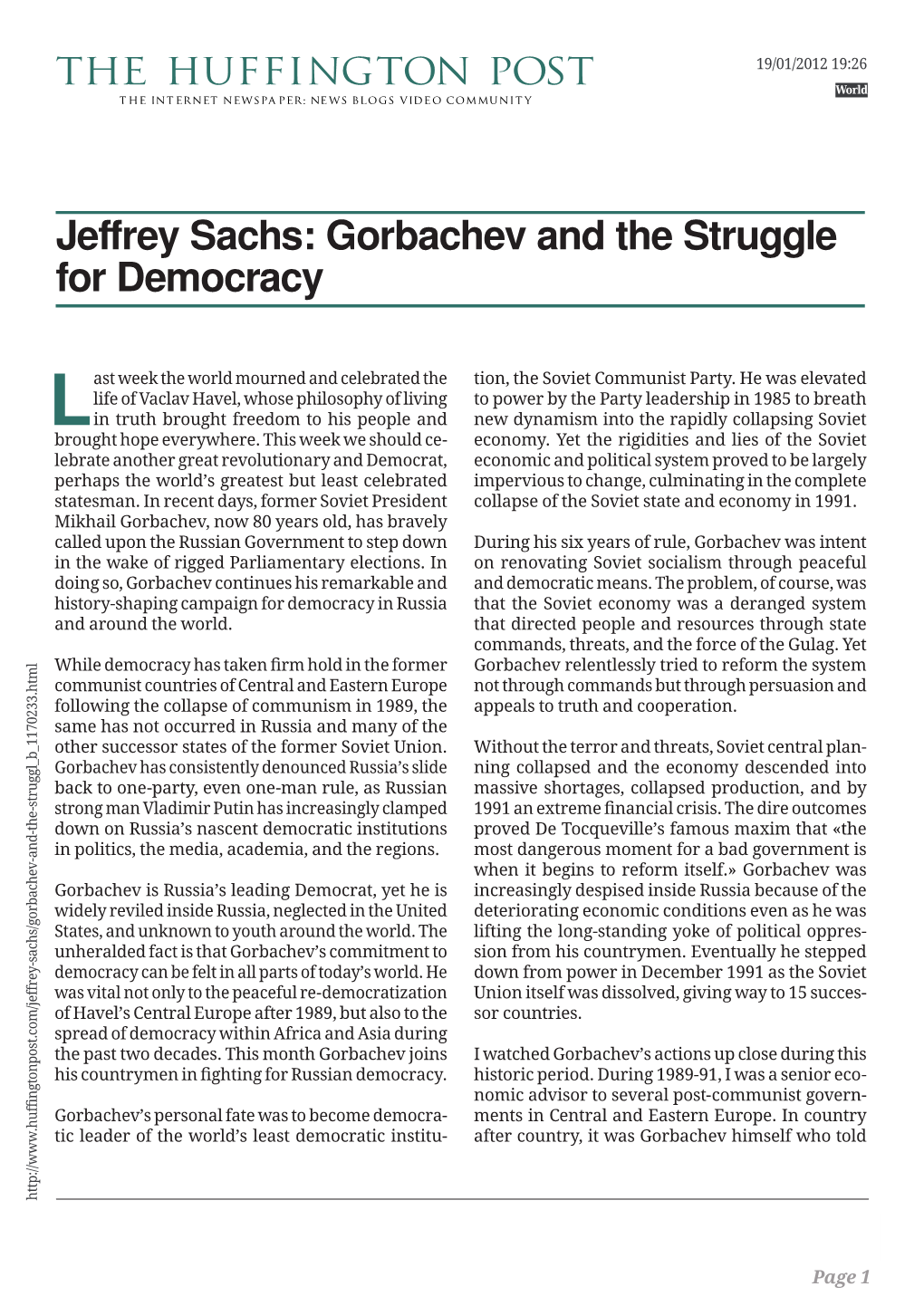 Jeffrey Sachs: Gorbachev and the Struggle for Democracy