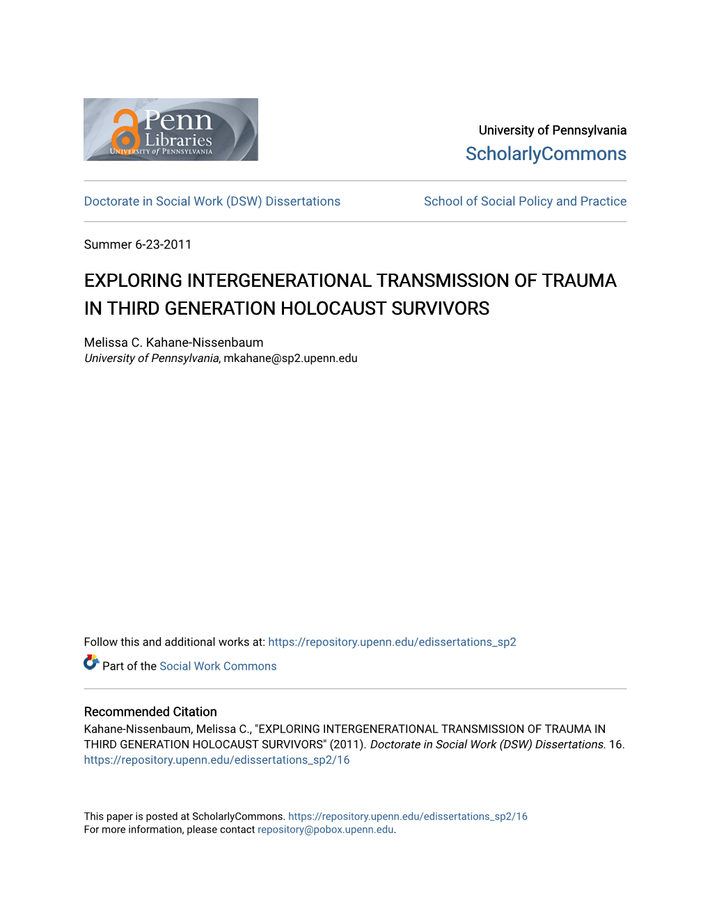 Exploring Intergenerational Transmission of Trauma in Third Generation Holocaust Survivors