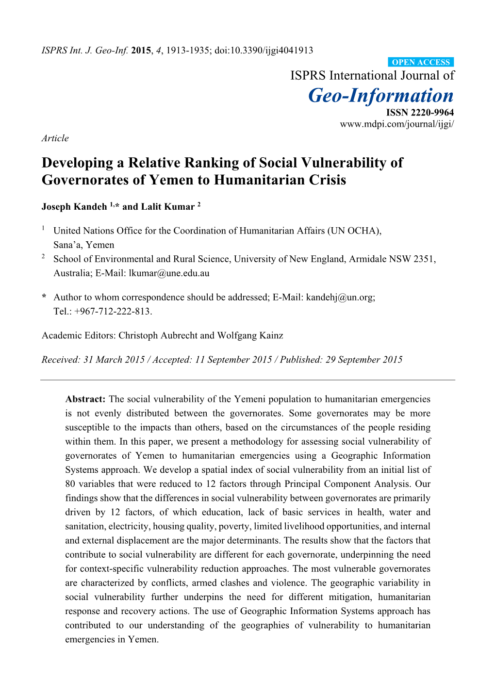 Developing a Relative Ranking of Social Vulnerability of Governorates of Yemen to Humanitarian Crisis