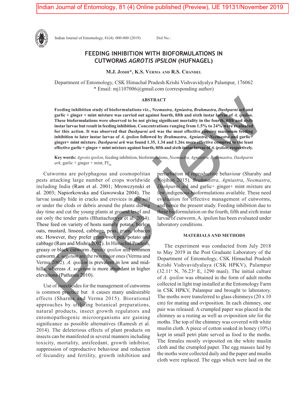 Feeding Inhibition with Bioformulations in Cutworms Agrotis Ipsilon (Hufnagel)