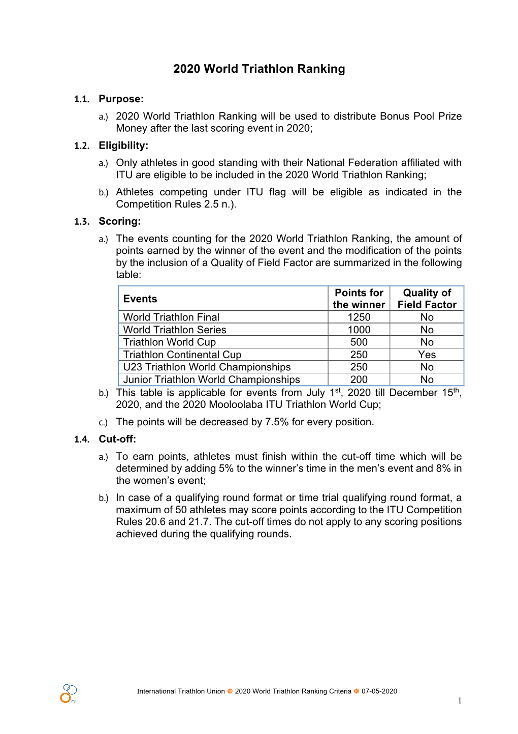 2020 World Triathlon Ranking Criteria • 07-05-2020 1