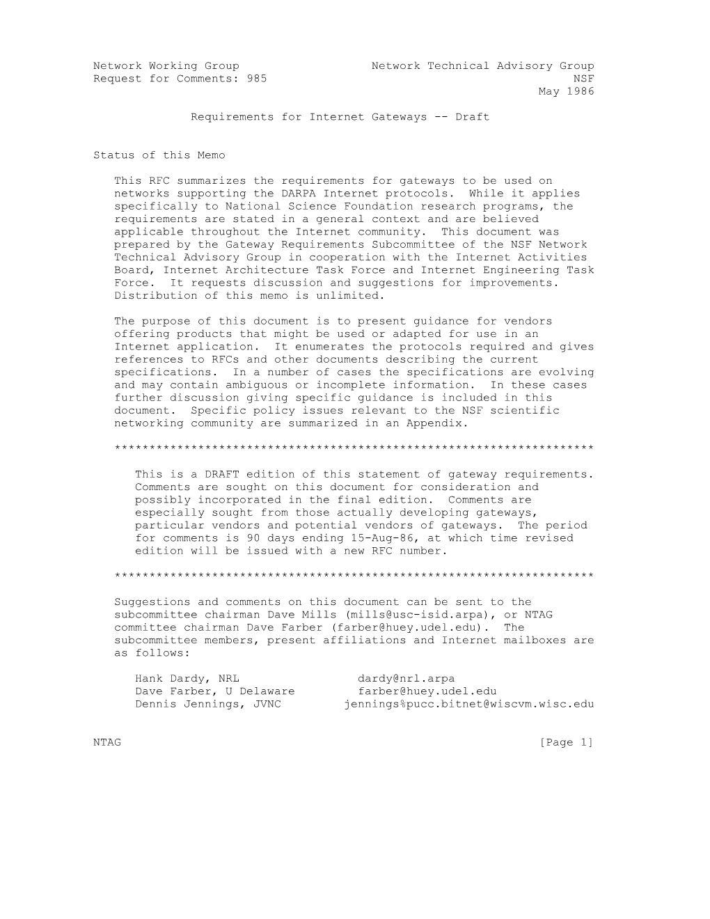 985 NSF May 1986 Requirements for Internet