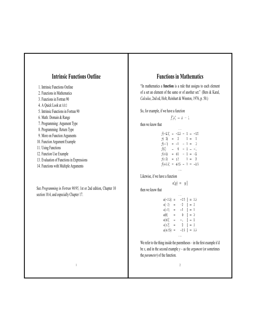 Intrinsic Functions Outline Functions in Mathematics 1