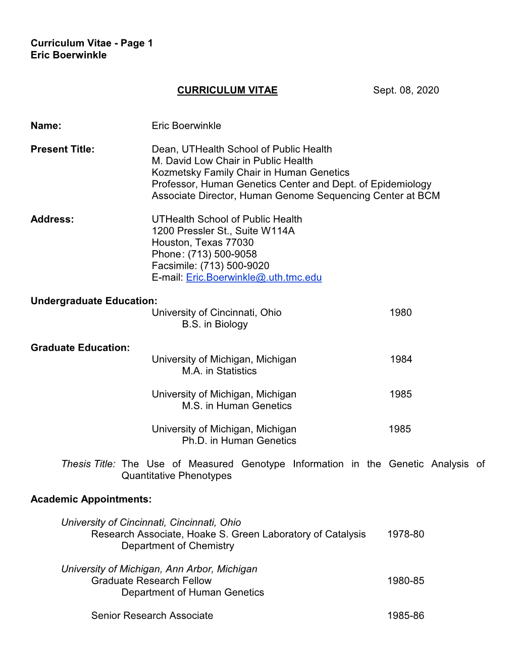 Curriculum Vitae - Page 1 Eric Boerwinkle