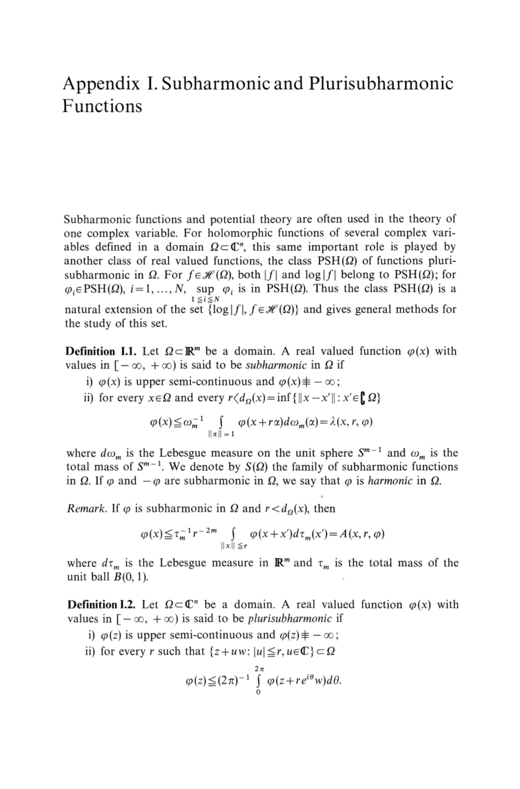 Appendix I. Subharmonic and Plurisubharmonic Functions