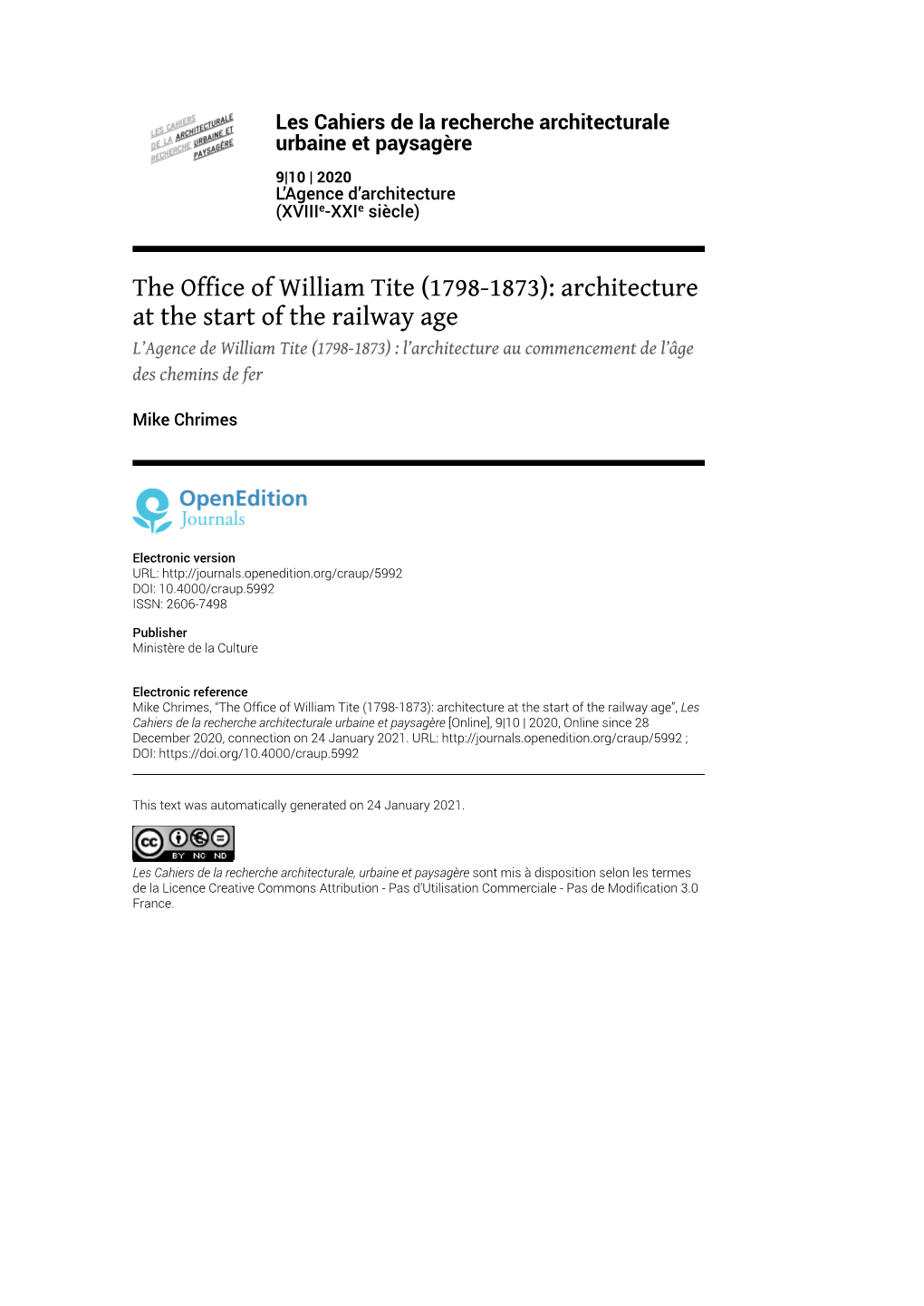 Les Cahiers De La Recherche Architecturale Urbaine Et Paysagère, 9|10 | 2020 the Office of William Tite (1798-1873): Architecture at the Start of the Rail