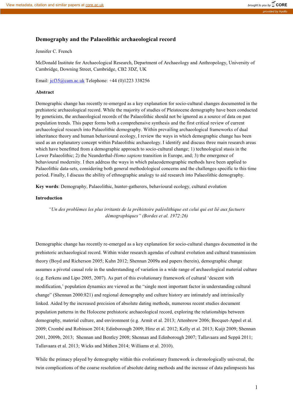 Demography and the Palaeolithic Archaeological Record