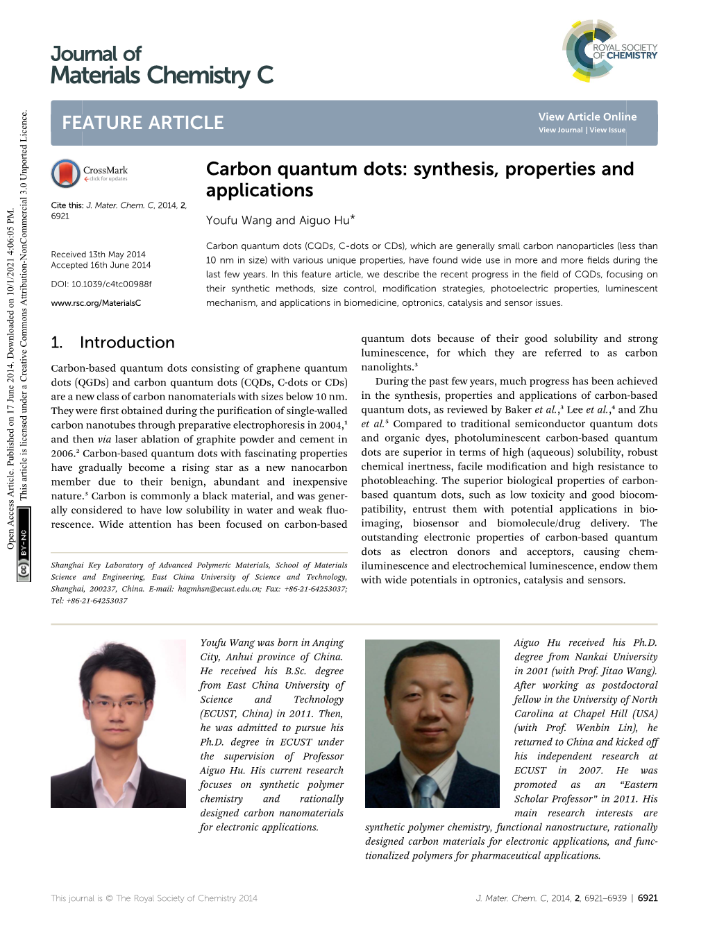 Carbon Quantum Dots: Synthesis, Properties and Applications Cite This: J