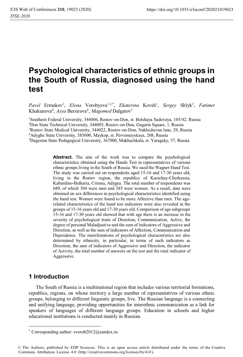 Psychological Characteristics of Ethnic Groups in the South of Russia, Diagnosed Using the Hand Test