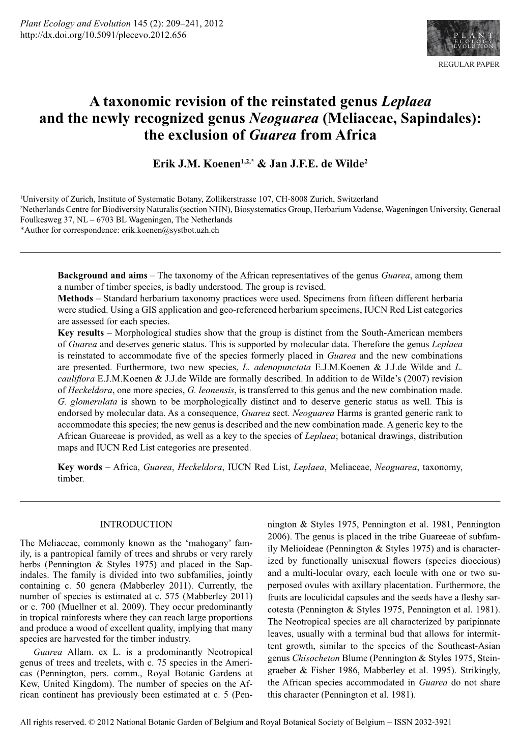 A Taxonomic Revision of the Reinstated Genus Leplaea and the Newly Recognized Genus Neoguarea (Meliaceae, Sapindales): the Exclusion of Guarea from Africa