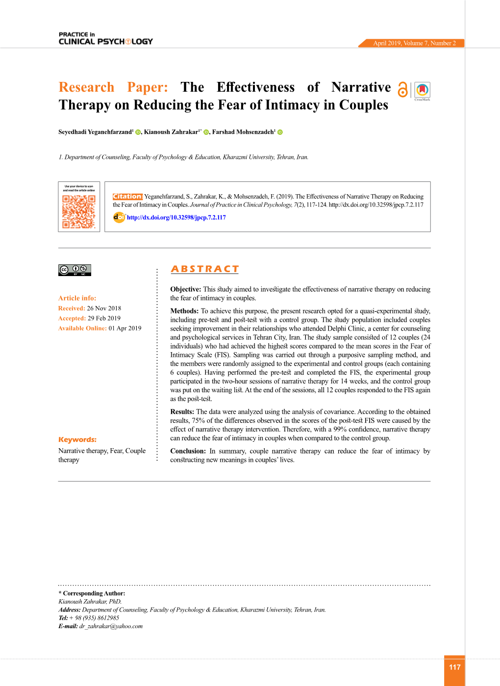 Research Paper: the Effectiveness of Narrative Therapy on Reducing the Fear of Intimacy in Couples