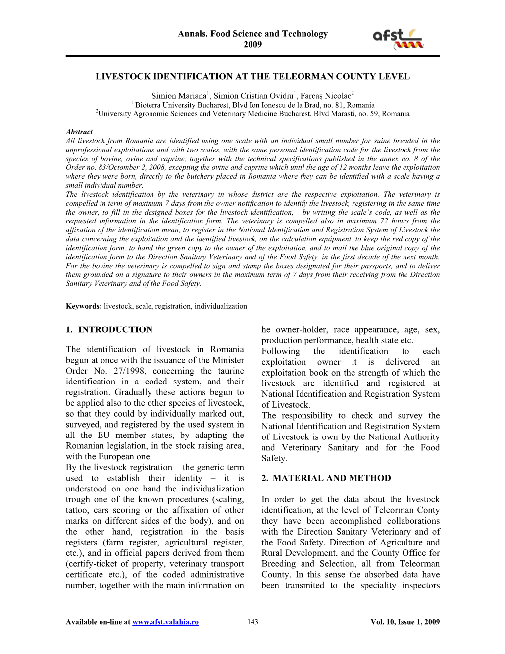 Annals. Food Science and Technology 2009 LIVESTOCK