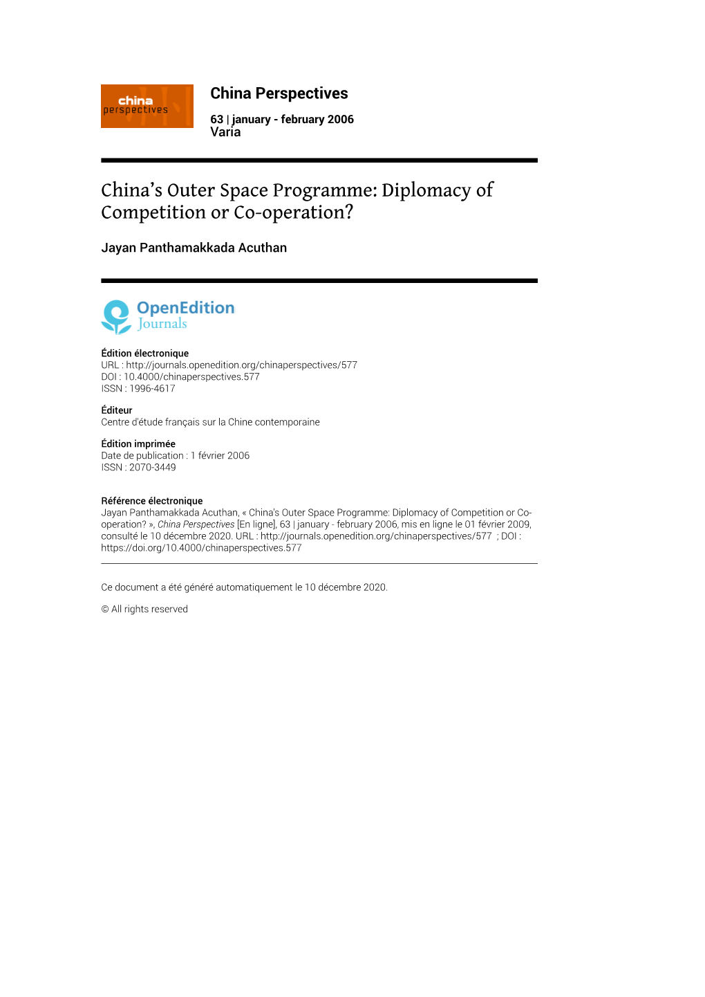 China Perspectives, 63 | January - February 2006 China’S Outer Space Programme: Diplomacy of Competition Or Co-Operation? 2