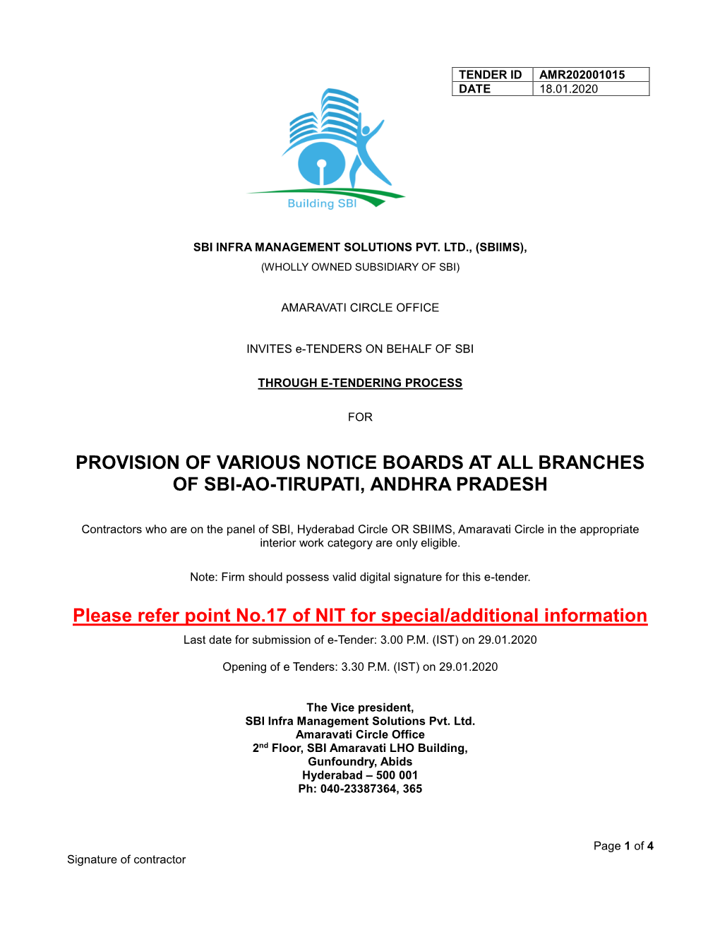 Provision of Various Notice Boards at All Branches of Sbi-Ao-Tirupati, Andhra Pradesh