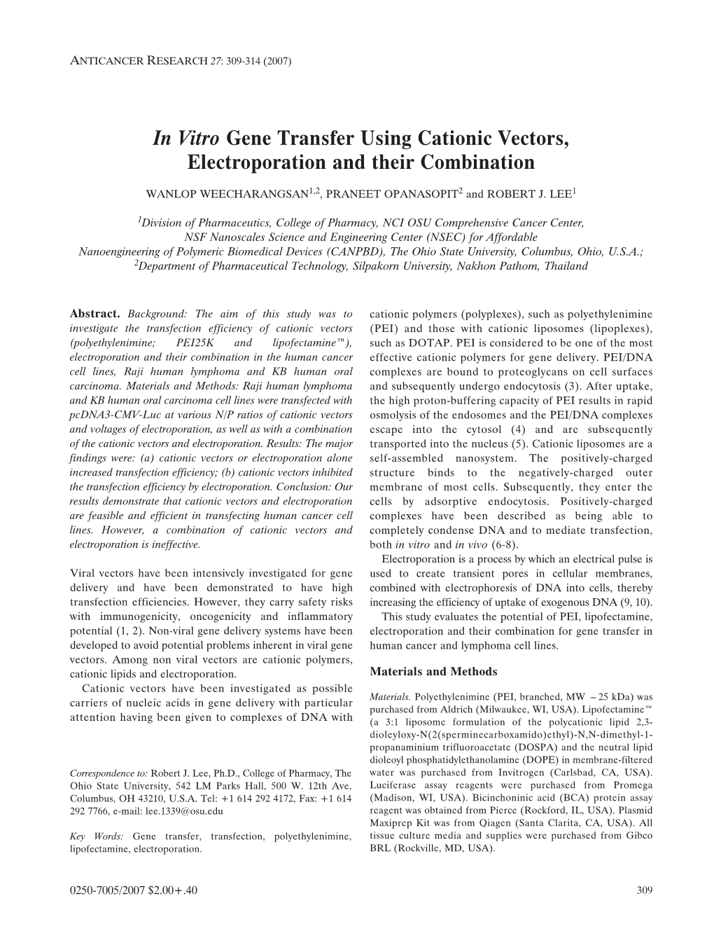 In Vitro Gene Transfer Using Cationic Vectors, Electroporation and Their Combination