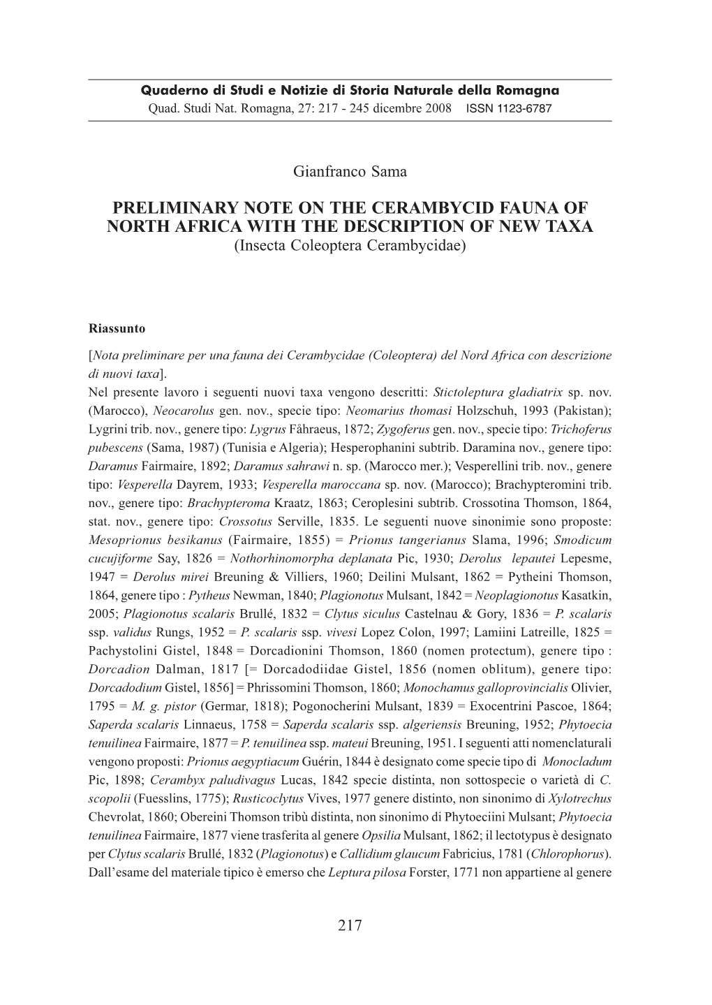 PRELIMINARY NOTE on the CERAMBYCID FAUNA of NORTH AFRICA with the DESCRIPTION of NEW TAXA (Insecta Coleoptera Cerambycidae)