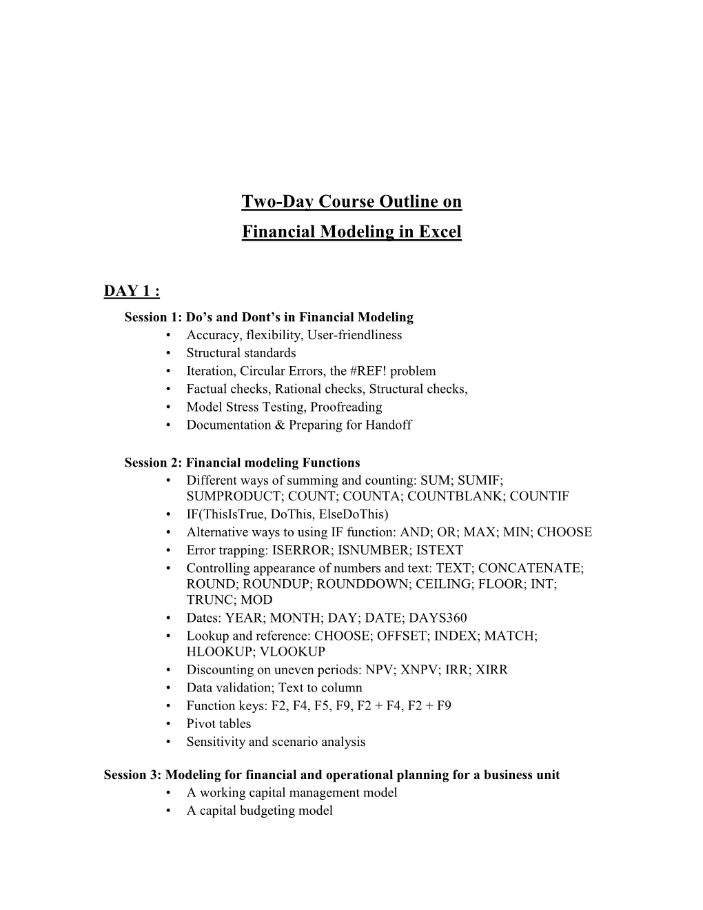 2 Day Course Outline on Financial Modeling on Excel