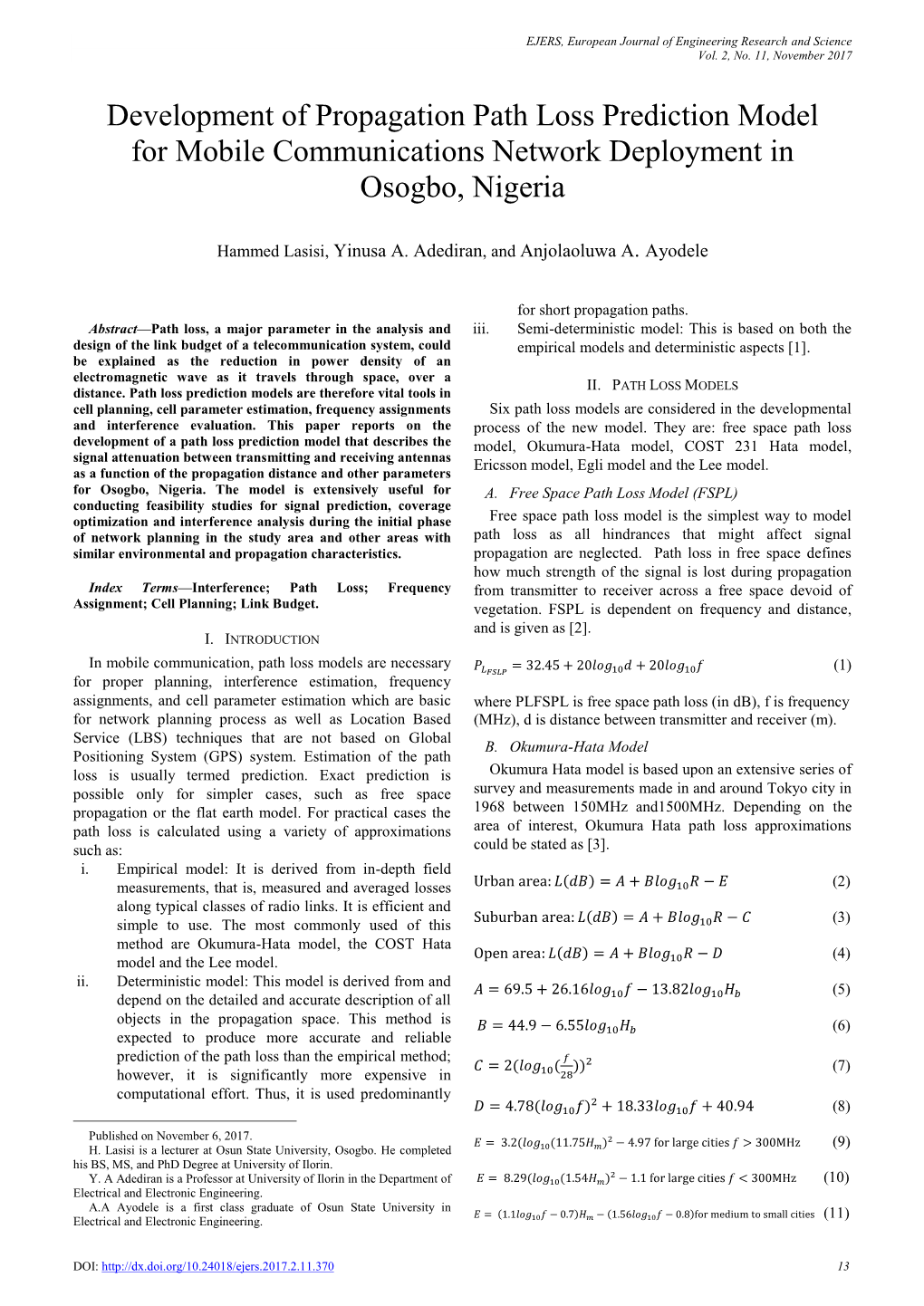 Development of Propagation Path Loss Prediction Model for Mobile Communications Network Deployment in Osogbo, Nigeria