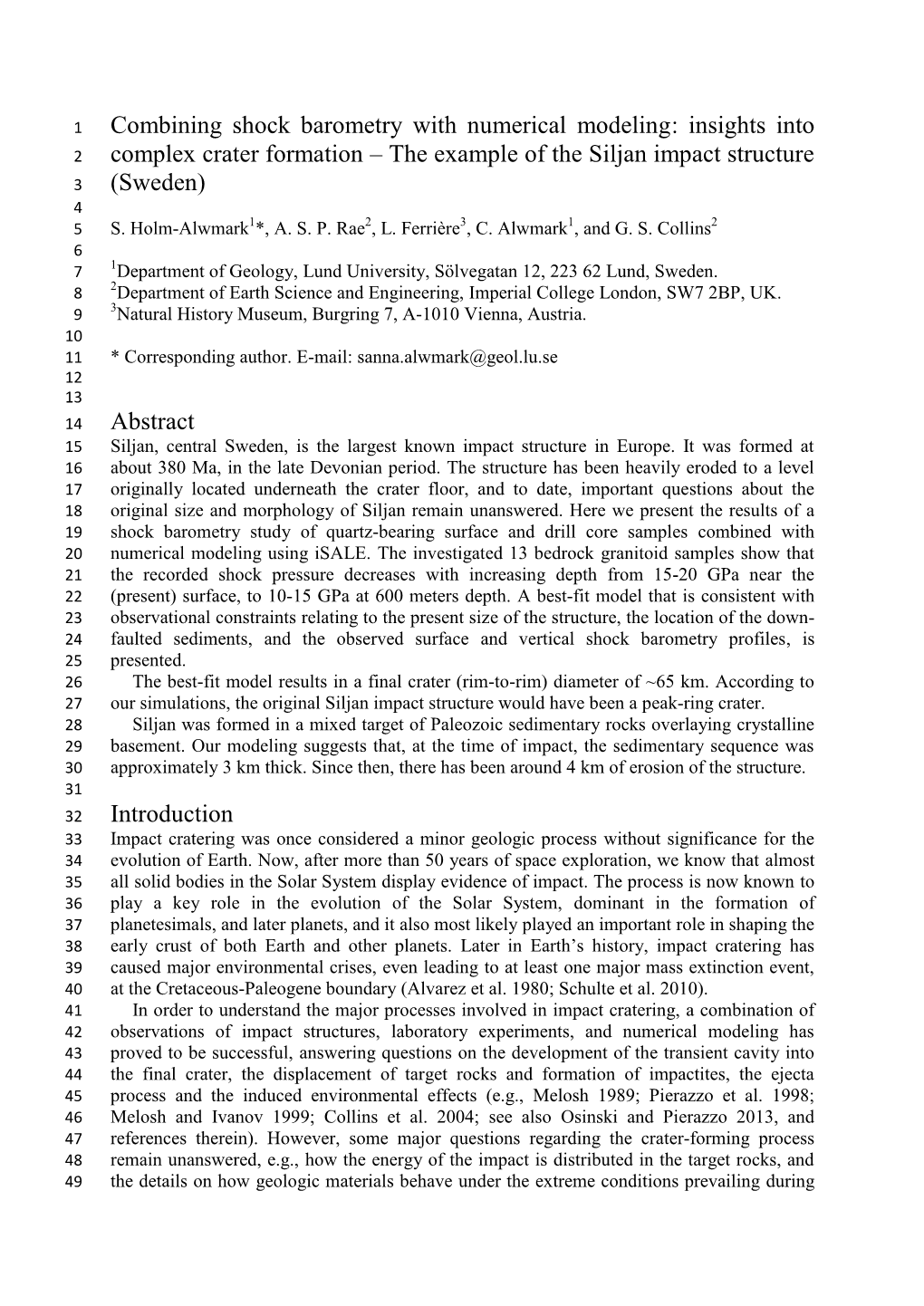 Combining Shock Barometry with Numerical Modeling: Insights Into 2 Complex Crater Formation – the Example of the Siljan Impact Structure 3 (Sweden) 4 5 S