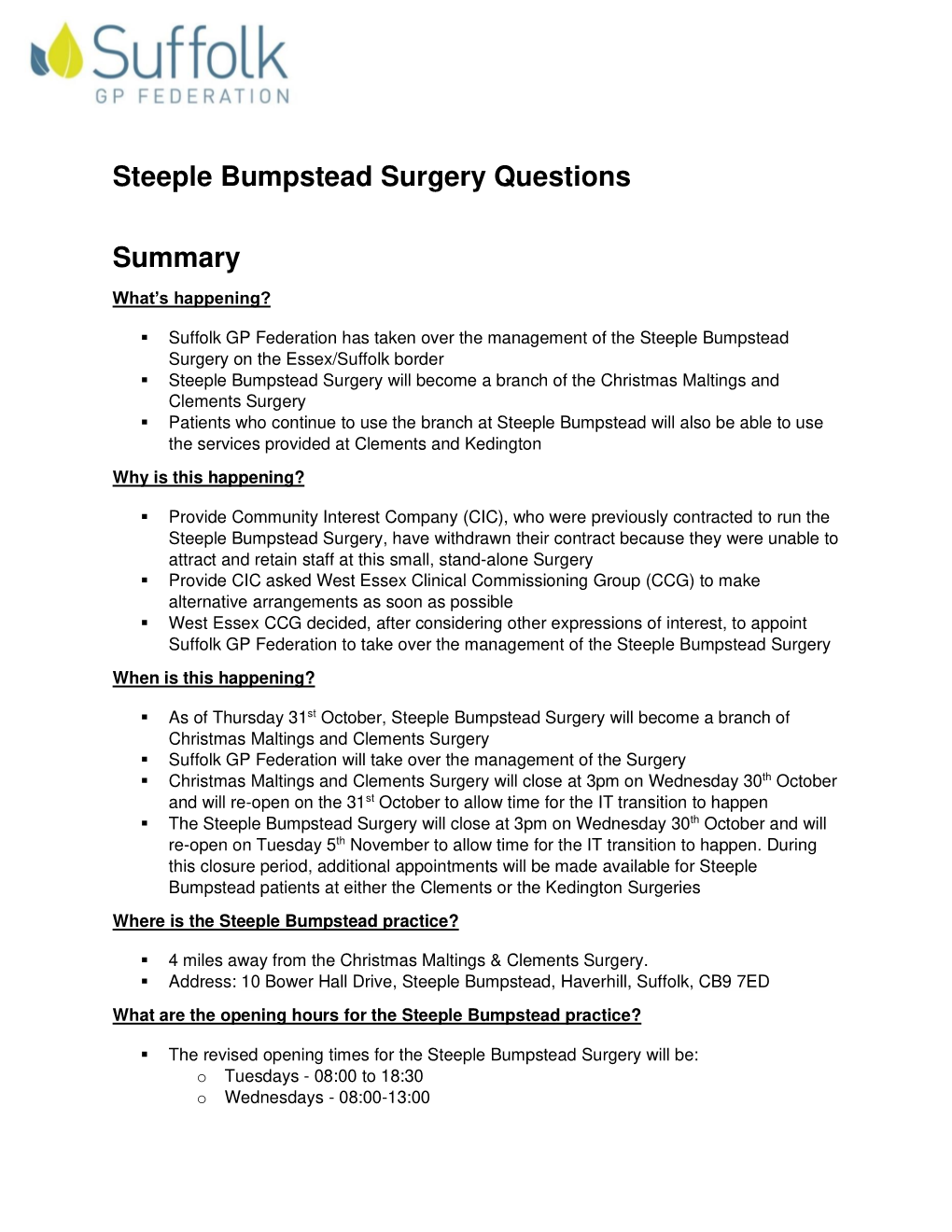 Steeple Bumpstead Surgery Questions Summary
