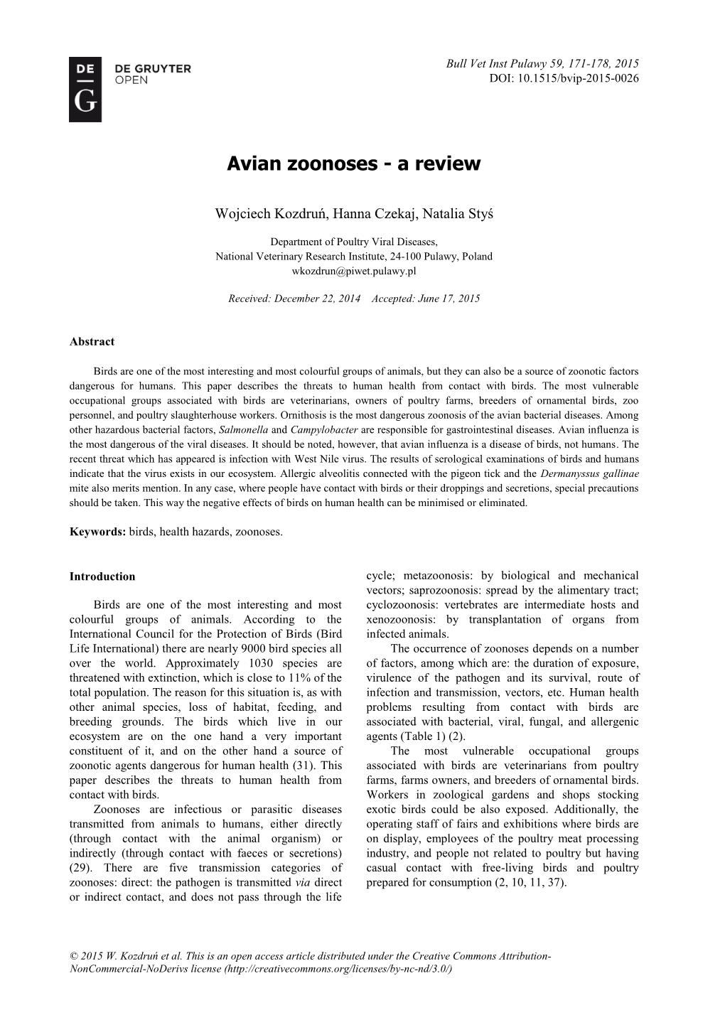 Avian Zoonoses - a Review