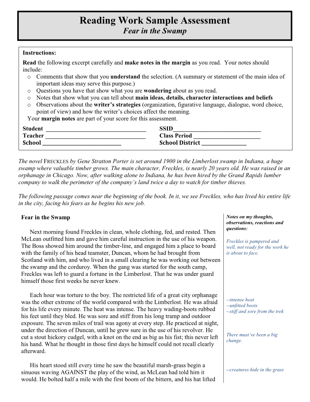 Reading Work Sample Assessment Fear in the Swamp