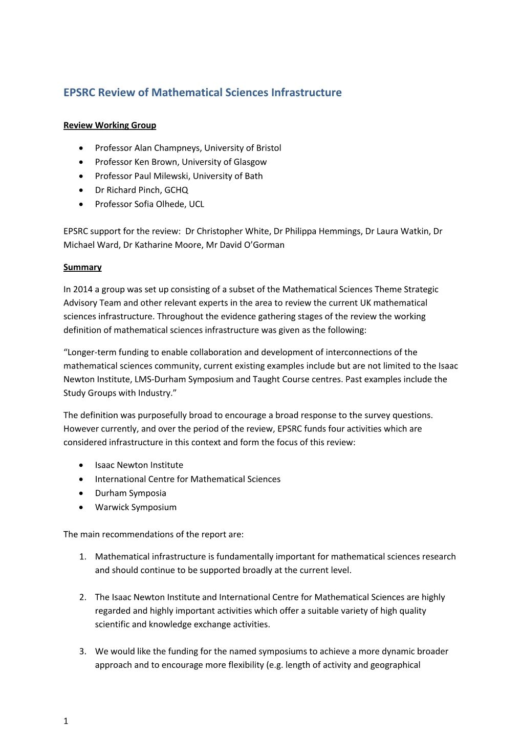 EPSRC Review of Mathematical Sciences Infrastructure