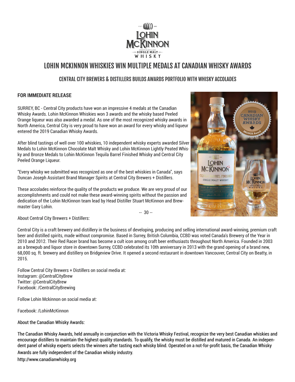 Lohin Mckinnon Whiskies Win Multiple Medals at Canadian Whisky Awards