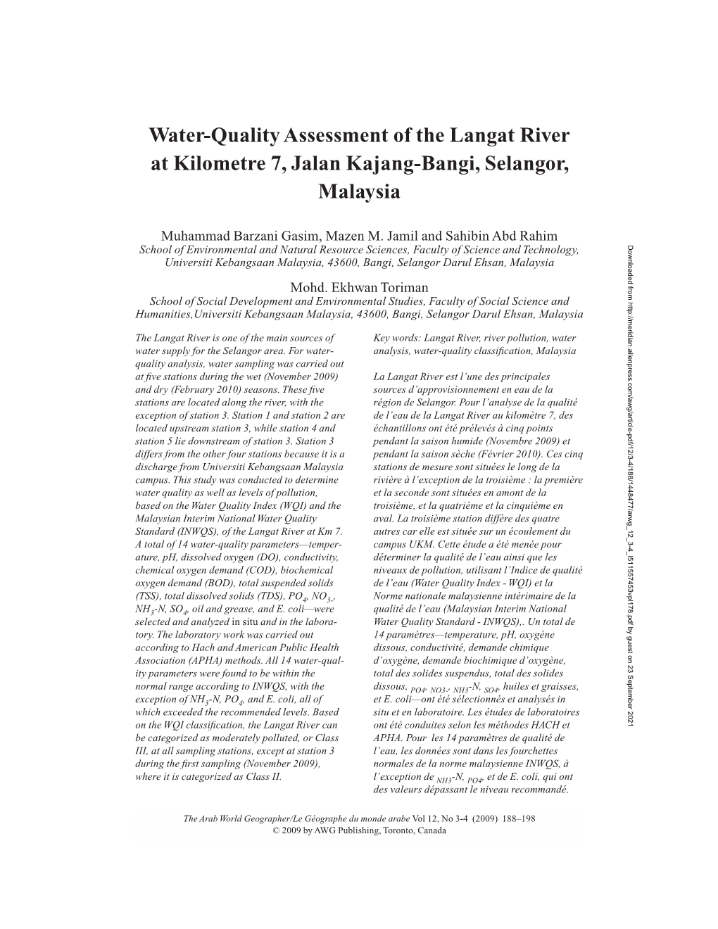 Water-Quality Assessment of the Langat River at Kilometre 7, Jalan Kajang-Bangi, Selangor, Malaysia