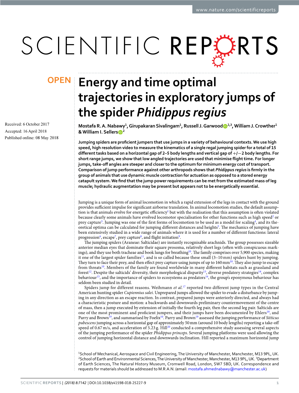 Energy and Time Optimal Trajectories in Exploratory Jumps of the Spider Phidippus Regius Received: 6 October 2017 Mostafa R