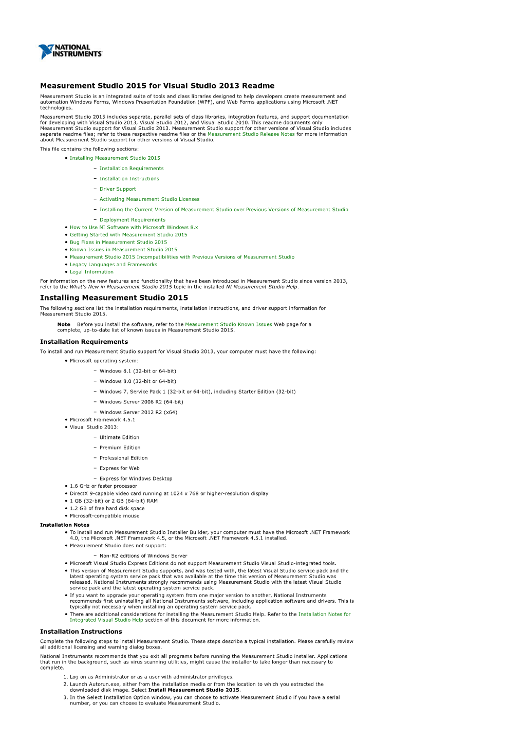 Measurement Studio 2015 for Visual Studio 2013 Readme Installing