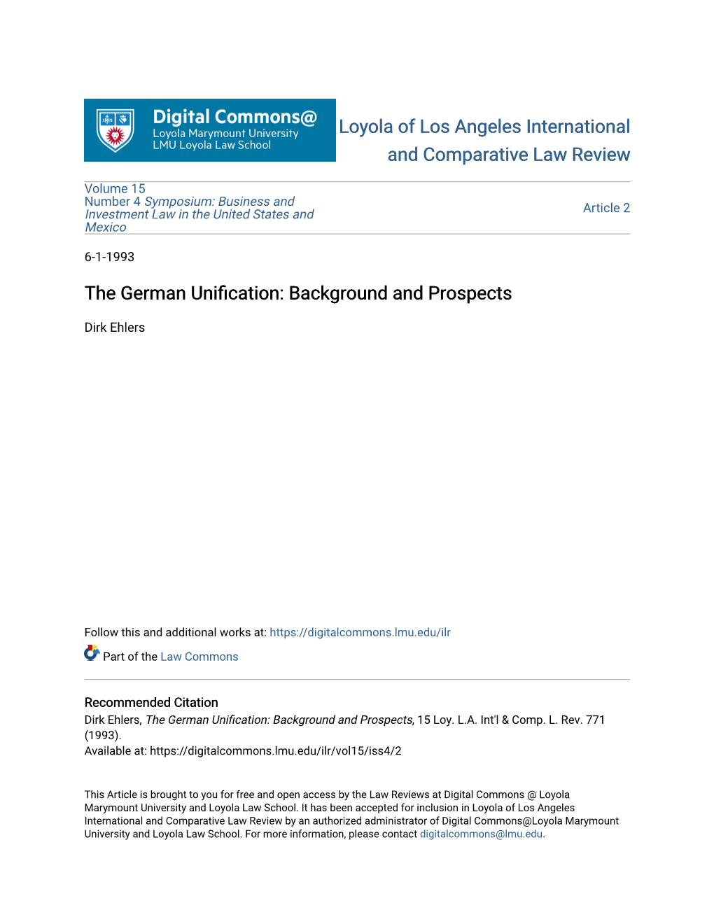 The German Unification: Background and Prospects