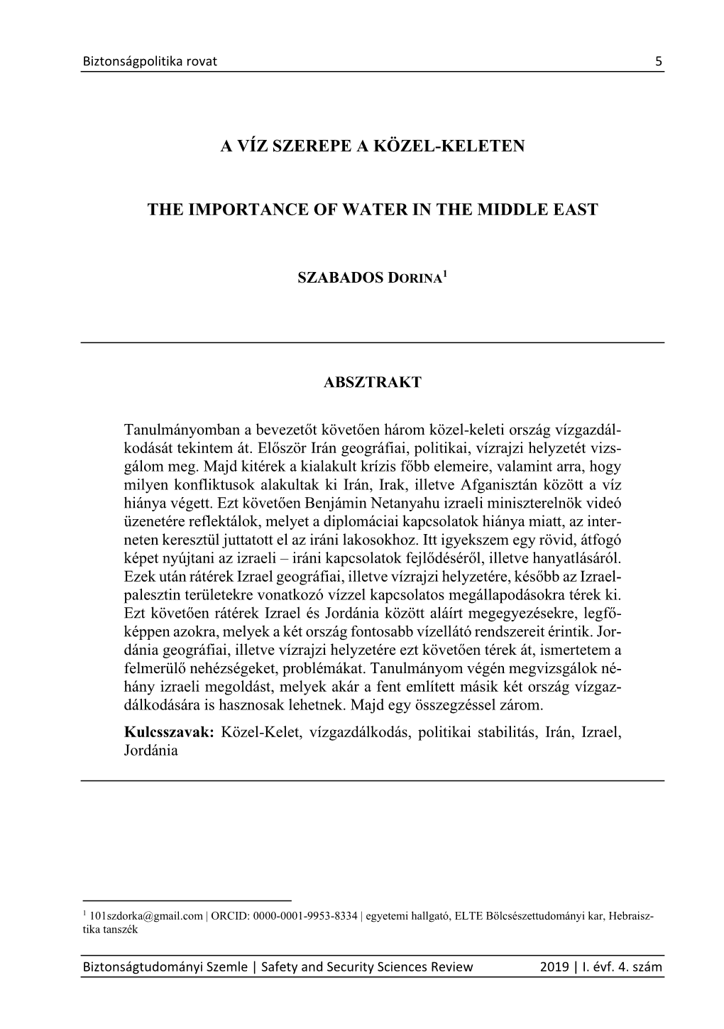 A Víz Szerepe a Közel-Keleten the Importance of Water in the Middle East